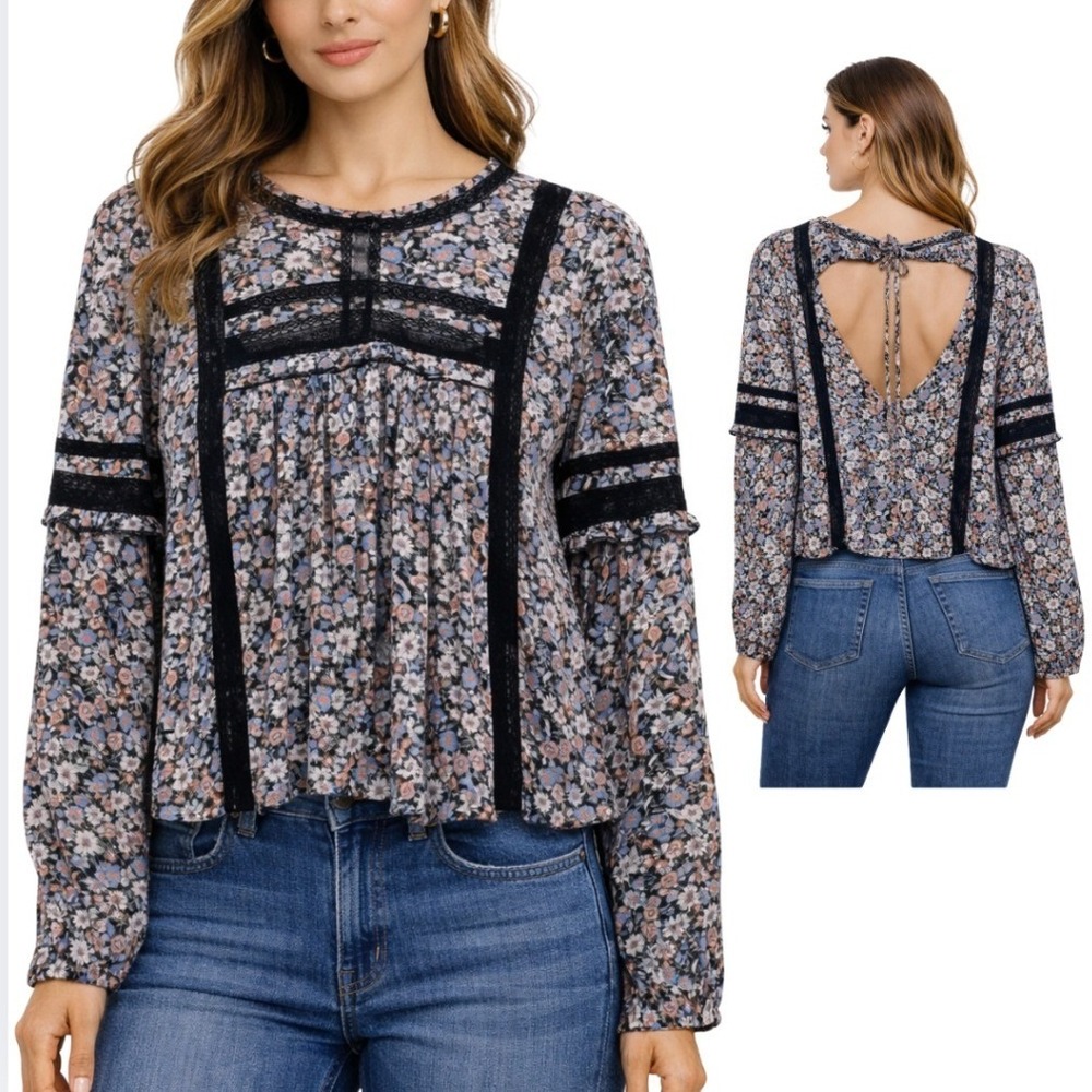 American Eagle NWT Floral Boho Blouse Black Crochet Lace Open‎ Tie Back Womens M